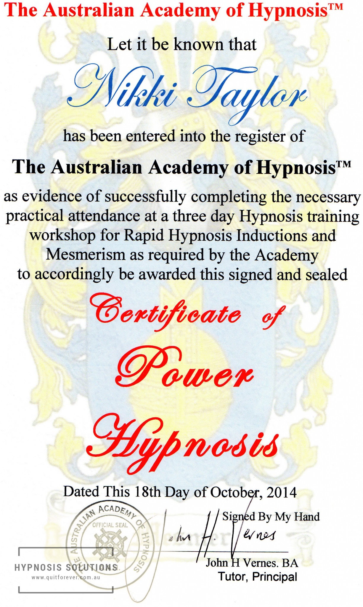 Certificate of Power Hypnosis